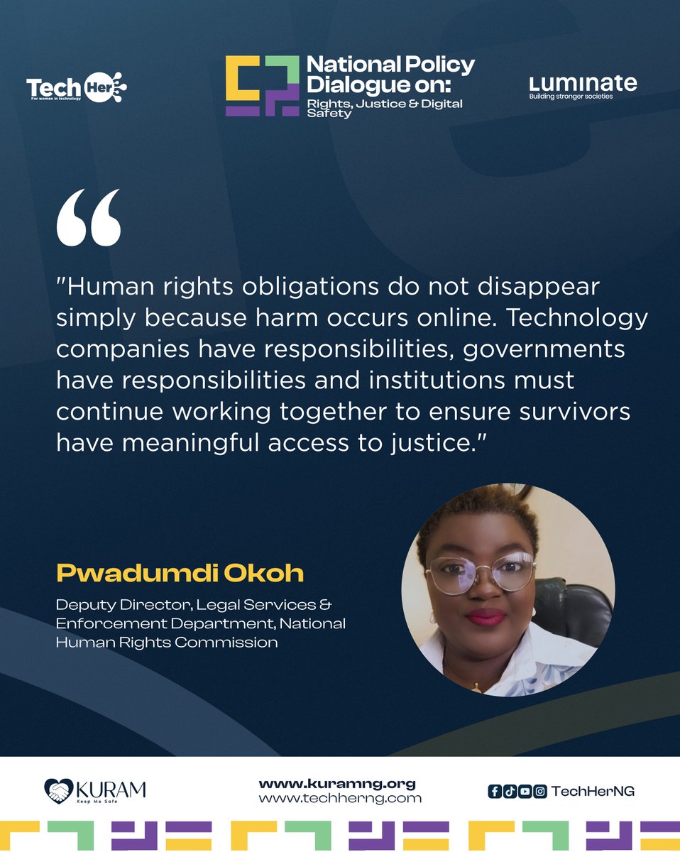 TechHerNG's tweet photo. During the panel sessions at TechHer’s National Policy Dialogue on Rights, Justice and Digital Safety, the discussion moved beyond broad conversations about online safety and focused on the realities that women and marginalised communities continue to navigate every day.

The conversation called for systems that take harm seriously, policies that reflect lived realities, and technology that does not leave the most vulnerable behind.

Swipe through and sit with the words for a moment.