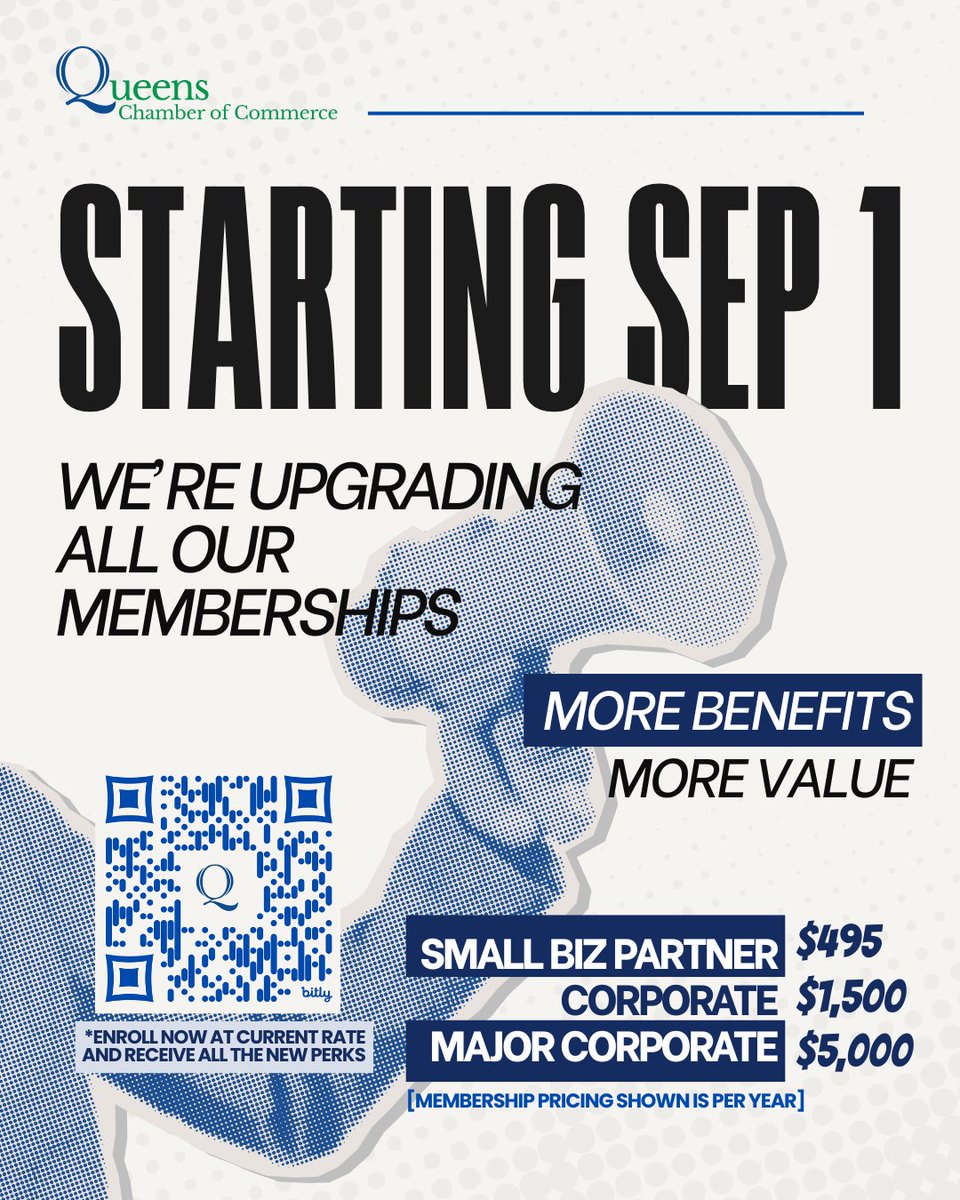 QueensChamber's tweet photo. 🚨 Exciting changes are coming to the Queens Chamber! 

Starting September 1, we're launching an upgraded membership experience with more benefits, more visibility, and more opportunities to help your business grow.

Get ready for enhanced benefits, including:
✨ Increased digital marketing exposure
📣 Greater editorial and promotional visibility
📍 Enhanced online directory listings
... and MORE!

Whether you're a small business, a growing company, or a major corporation, there will be even more value waiting for you.

Invest in your business today and get more with your QCC membership! 

Join at our current membership rate and enjoy all the new perks through the link below.
https://t.co/cVAoEVNISP