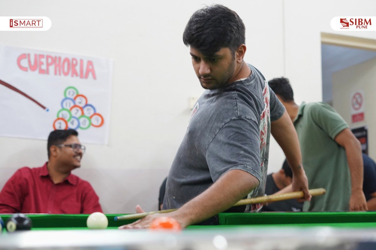 SIBMPune's tweet photo. Cuephoria 5.0, organised by the Sports Management Team (SMT) of Symbiosis Institute of Business Management, Pune was a spirited 8-ball pool tournament that brought together students for an engaging display of precision, strategy and competitive spirit. https://t.co/9vPgkaU3y6