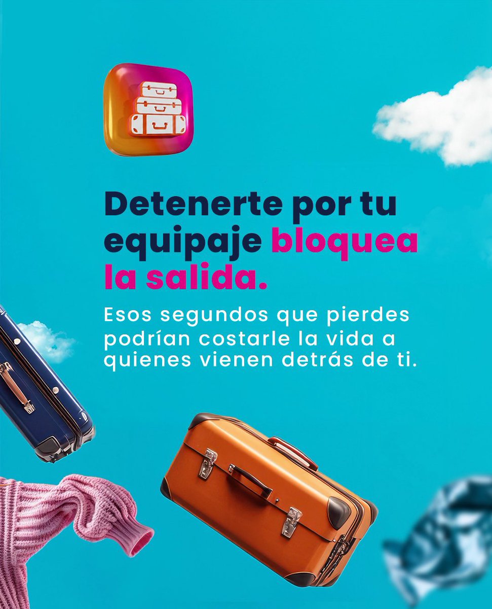 AerocivilCol's tweet photo. #Temblor 
¡Los que realmente importa no cabe en una maleta!

En una evacuación, deja atrás el equipaje y sigue las instrucciones de la tripulación. Cada segundo puede hacer la diferencia para ti y para quienes viajan contigo. https://t.co/PH9EOvCnie