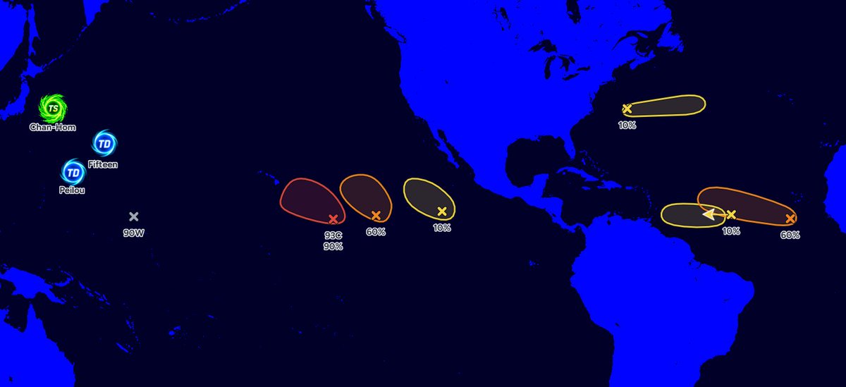 mslovelyskyetv's tweet photo. #tropicalupdate august 10 2026 #Dolphin is gone, TD #Peilou spinning out in the ocean, same as #15W, Tropical Storm #ChanHom nearing #Japan, #90W well who knows why it is there, and #93c has a medium chance to develop in the next few days #tropics #tropicswx https://t.co/NdwymvTb4H