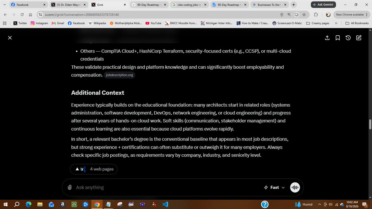 wayne_effect's tweet photo. "Most Cloud Solutions Architect roles expect a bachelor’s degree in a related field, though practical experience and certifications often matter more than formal education, and some positions accept equivalent work experience." https://t.co/vjECWceJM7