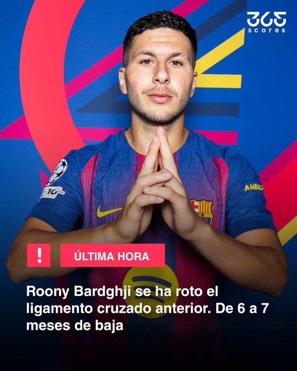 365ScoresApp's tweet photo. 💔🚨 ¡DURÍSIMA NOTICIA PARA ROONY BARDGHJI! 🇸🇪😔

Según Fabrizio Romano, Roony Bardghji sufrió una rotura del ligamento cruzado anterior durante el entrenamiento de esta mañana y estará entre seis y siete meses de baja. 🏥⚽

😢 El golpe llega justo cuando el futbolista del Barcelona se preparaba para salir a préstamo en este mercado de fichajes. Ahora deberá afrontar una larga recuperación antes de poder regresar a las canchas. 💪🙏