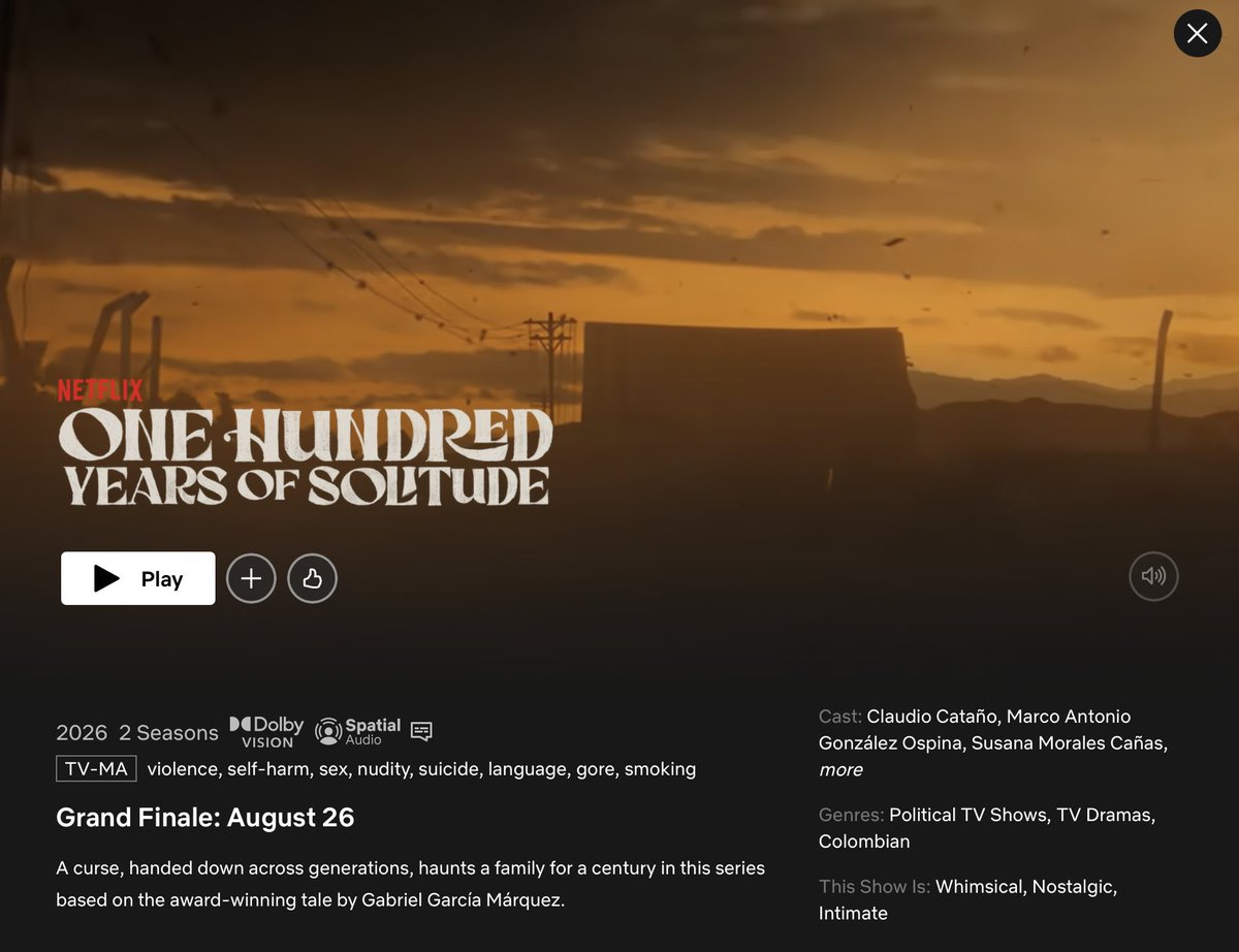 realPureNomad's tweet photo. 强烈推荐 Netflix 上的「百年孤独」剧。剧本是同名小说，西班牙语阅读量最大的文学经典著作。Netflix 拍得非常有感觉，目前 IMDB 评分高达 8.3。这两天，看得我停不下来。经典还是经典。 https://t.co/AAk8oXlWIg