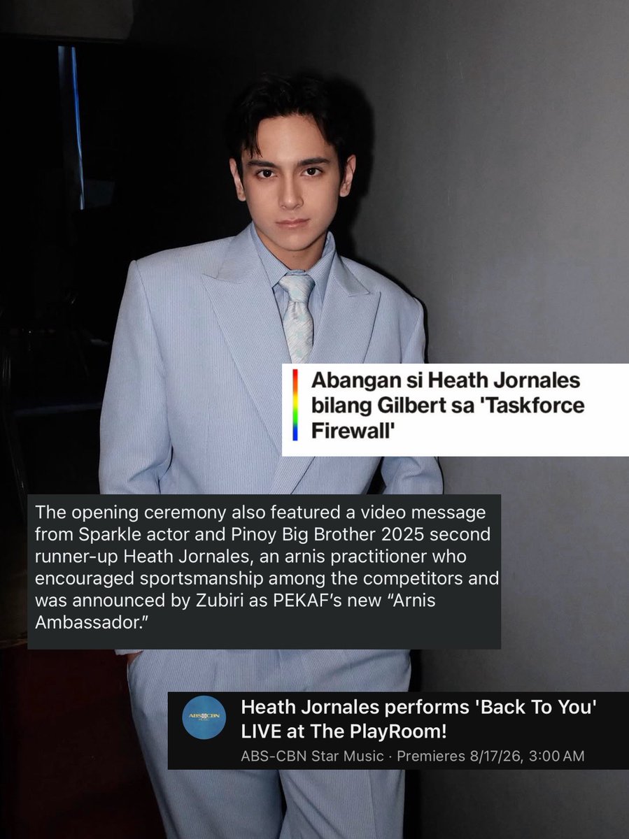 foursola's tweet photo. So many beautiful milestones for Heath to celebrate today. 🥹❤️

From being named an Arnis Ambassador by PEKAF and proudly representing a part of Filipino culture, to performing his own music at the Playroom, and stepping into the role of Gilbert Avisola in Taskforce Firewall. 

Each opportunity reveals a different facet of his artistry.

Music, acting, martial arts, cultural representation. It’s inspiring to see his range unfold in so many meaningful ways. 

So happy of you, Heath. May this only be the beginning of even more doors opening for you. God bless you always. 

All Glory to God! 🙌❤️ 

HEATH AS GILBERT AVISOLA
HEATH AS GILBERT AVISOLA

#HMJAtThePlayroom

@Sparkle_GMA @gmanetwork @gmanews 
@KapusoCrave @StarPopPH @ABSCBNNews @ABSCBN