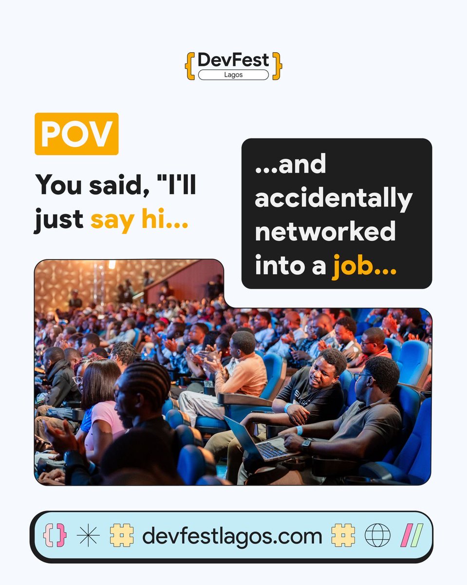 gdglagos's tweet photo. POV: you came for DevFest Lagos and left with more than just conference photos. 👀

New skills. new people. new opportunities. maybe even your next big break.

Get your DevFest Lagos ticket. You never know what starts with “hi.” 🚀

https://t.co/2iOZMAgB7E  https://t.co/yTM6xQ5daG