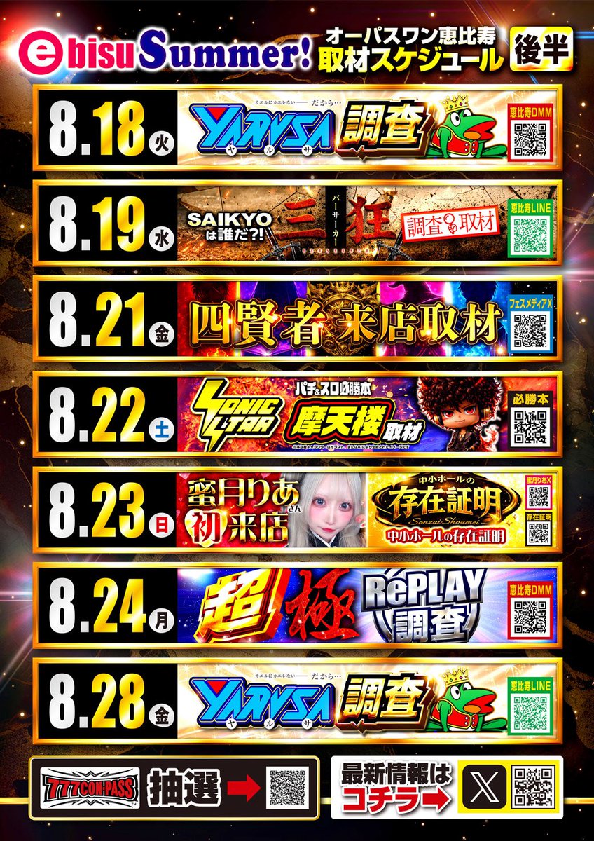 surosuki272521's tweet photo. 🔥オーパスワン恵比寿 1の日🔥
🌈神威の極 来店取材🌈
8/11(火)
『オーパスワン恵比寿』
📝1のつく日
📝神威の極来店取材

☑️オーパスワン恵比寿の傾向
・設置台数の5%が上3つ設定
・そのうち2機種以上は全上3つ

明日の最優先は「東京喰種」🎭
⇨1/3くらいはほぼ毎回

また「GET your Dream」シリーズ🌈にも全台系🔥・単品🎯があるので要注目

明日のオーパスワン恵比寿に大注目👀

#スロット #イベント #東京都
