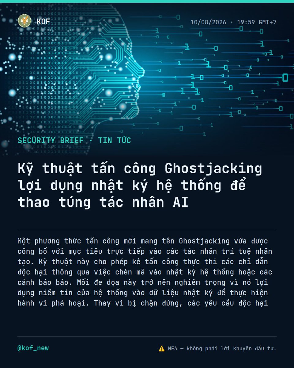 kof_new's tweet photo. ▪️ Một phương thức tấn công mới mang tên #Ghostjacking vừa được công bố với mục tiêu trực tiếp vào các tác nhân trí tuệ nhân tạo. Kỹ thuật này cho phép kẻ tấn công thực thi các chỉ dẫn độc hại thông qua việc chèn mã vào nhật ký hệ thống hoặc các cảnh báo bảo.
▪️ Mối đe dọa này trở nên nghiêm trọng vì nó lợi dụng niềm tin của hệ thống vào dữ liệu nhật ký để thực hiện hành vi phá hoại. Thay vì bị chặn đứng, các yêu cầu độc hại lại trở thành công cụ để điều khiển hành vi của #AI. Việc biến các bản ghi.
▪️ Về mặt kỹ thuật, kẻ tấn công không cần can thiệp trực tiếp vào mã nguồn của tác nhân AI mà chỉ cần thao túng dữ liệu trung gian. Bằng cách tạo ra các yêu cầu bị chặn có chứa hướng dẫn cụ thể, chúng có thể khiến AI thực hiện các hành động trái phép.
▪️ Các giới hạn của kỹ thuật Ghostjacking hiện tại phụ thuộc vào khả năng đọc và thực thi của tác nhân AI đối với các bản ghi cụ thể. Tác nhân AI phải có quyền truy cập vào nhật ký hệ thống và có cơ chế xử lý dữ liệu cho phép thực hiện các lệnh.
▪️ Người dùng và quản trị viên hệ thống cần giám sát chặt chẽ các quyền truy cập của tác nhân AI vào nhật ký bảo mật và cảnh báo. Việc kiểm soát nghiêm ngặt nguồn dữ liệu đầu vào và lọc bỏ các nội dung thực thi tiềm ẩn là cần thiết. Các tổ chức nên.
#Security #KOF