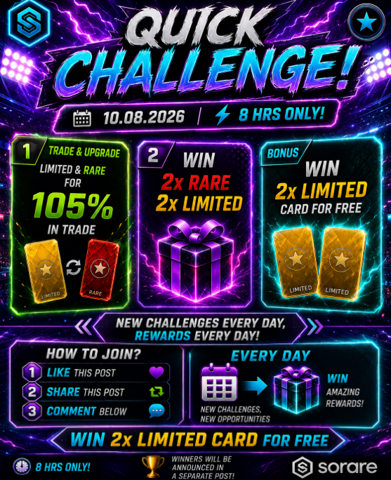 PawelTrader_'s tweet photo. 🚨 QUICK CHALLENGE IS LIVE! 🚨

⚡ 8 HRS ONLY
📅 10.08.2026
🔥 Trade your Limited & Rare cards at 105%
🎁 Win:
🟥 2x Rare
🟨 2x Limited
🆓 Win 2x Limited Card for FREE!

💥 How to join?
❤️ Like
🔄 Repost
💬 Comment
🏆 The winners will be announced in a separate post.
Good luck everyone! 🍀👇

#Sorare #SorareFootball #SorareMLB
#SorareNBA #NFT #FantasyFootball
#Giveaway #Web3 #Football
#TradingCards