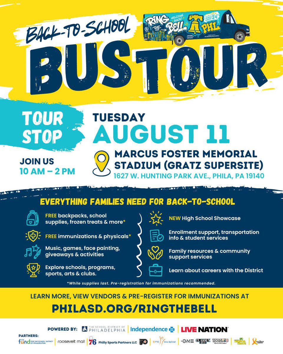 PHLschools's tweet photo. 🚌 Back-to-School Bus Tour Event

🗓️ Tuesday, August 11 | 10am-2pm

📍Marcus Foster Memorial Stadium, 1627 W. Hunting Park Ave., Phila, PA 19140

🎒Get a free backpack &amp; all your back-to-school needs! Learn more at: https://t.co/j9yoKHrjNC

#SDPBusTour #RingtheBellPHL #PHLED https://t.co/LXIikQ4RBL