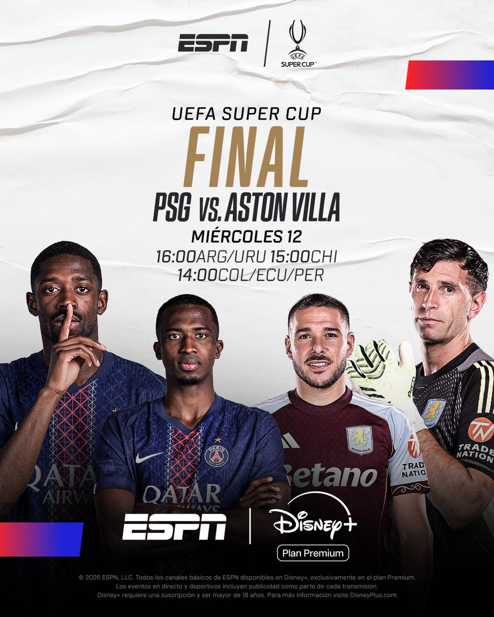 SC_ESPN's tweet photo. ¡SE ABRE LA TEMPORADA EUROPEA CON UN PARTIDAZO!

🆚 PSG vs. ASTON VILLA
🏆 Supercopa de Europa
🏟️ Estadio del Salzburgo
⏰ 16:00 ARG-URU / 15:00 CHI / 14:00 COL-ECU-PER

📺 #DisneyPlus Plan Premium https://t.co/GfVUZmNGfc