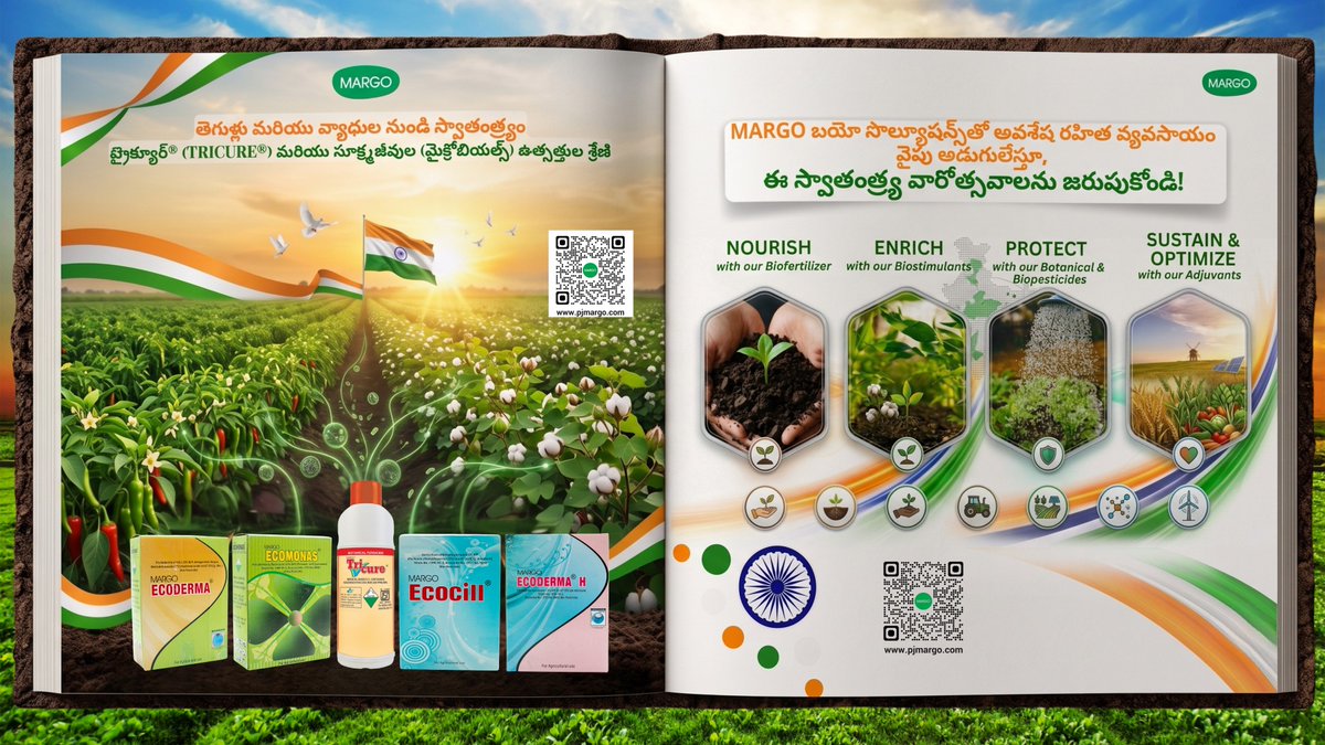 PJMARGOBIO's tweet photo. Celebrate Independence week & free our crops from disease and pest pressure with TRICURE® and range of Microbials from #MARGO. 🌱🇮🇳
#TRICURE #MARGOMicrobials #Biocontrol #IndependenceDay #ResidueFreeAgriculture #SustainableAgriculture #PoweredByNature https://t.co/VBP4TUeleK