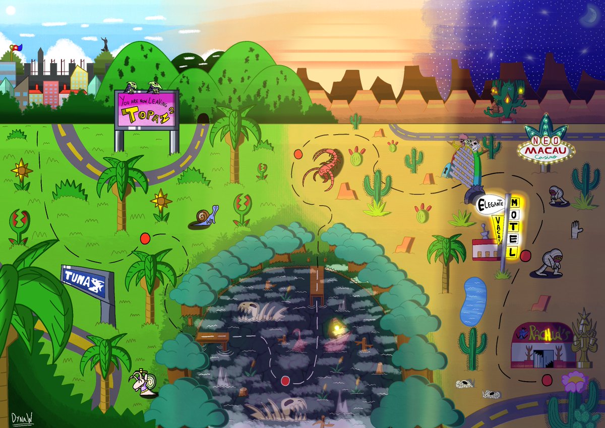 WizardDyna's tweet photo. A voyage to claim something at an abandoned fastfood in the middle of the waste land.
A remake of a map drawing I did in 2008
(2026 right - Original 2008 left)
#Original #map #remake #city #hill #swamp #desert #casino #hotel #snail #mummy #centipide #pterodactly https://t.co/1LVFNnvrMg