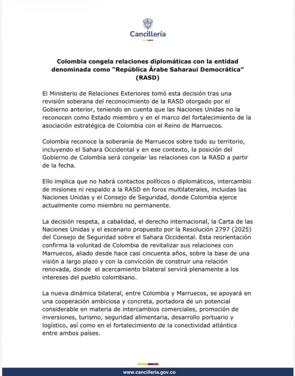 FaridaLoudaya's tweet photo. 🔴 يسعدني أن أتقاسم معكم البلاغ الجديد الصادر اليوم عن وزارة الخارجية الكولومبية، العضو الغير الدائم بمجلس الأمن التابع للأمم المتحدة، والذي تُعلن من خلاله تجميد العلاقات الدبلوماسية مع الجمهورية الوهمية و تجدد تأكيدها على موقفها الداعم لمغربية الصحراء 🇲🇦🇨🇴 https://t.co/2dNz1g2q6o