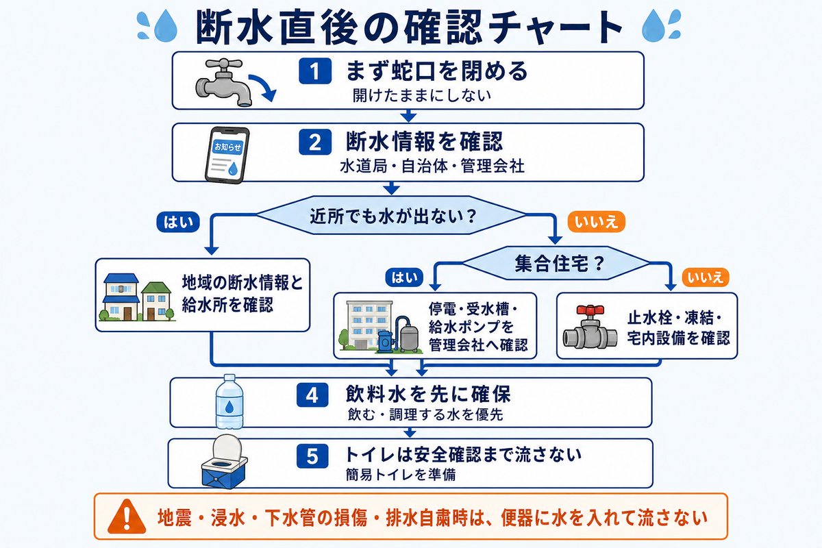 sendai_recan's tweet photo. 突然の断水、まず何を確認すればいい？

トイレを流す前の判断、飲み水と生活用水の分け方、お風呂の残り湯、給湯器、水道復旧後の注意点まで順番にまとめました👇️

https://t.co/NPIVjXX0OJ

#断水 #防災 #災害対策 #地震 #台風 https://t.co/omrUECOCzg