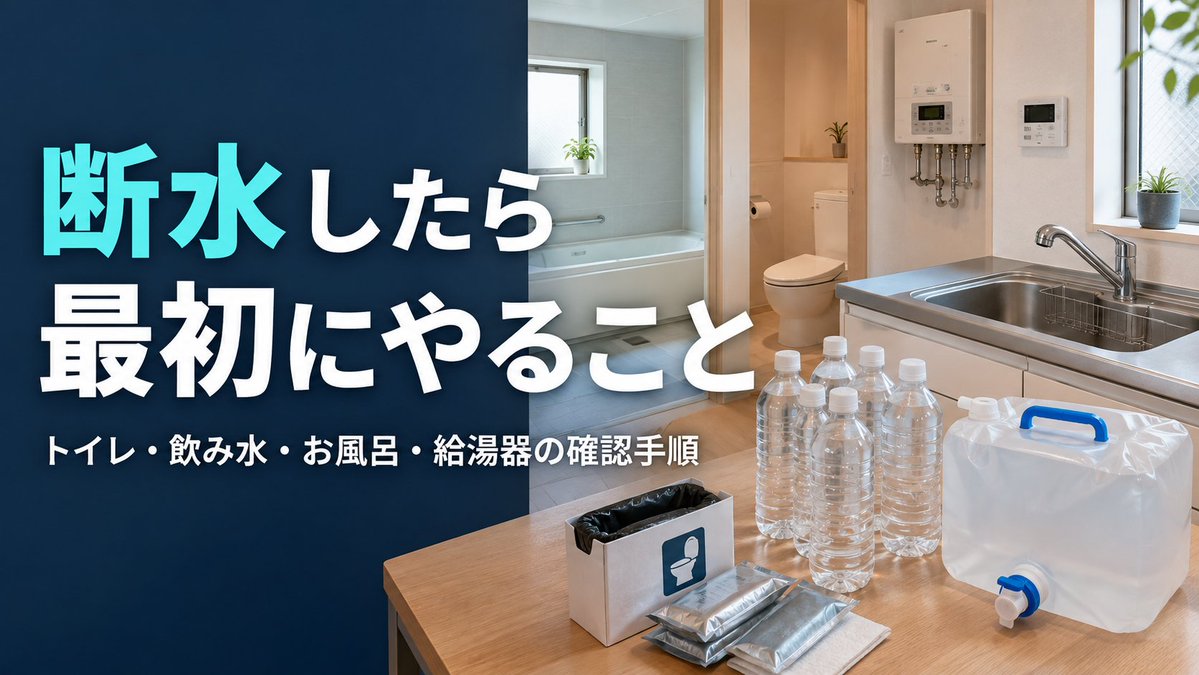 sendai_recan's tweet photo. 突然の断水、まず何を確認すればいい？

トイレを流す前の判断、飲み水と生活用水の分け方、お風呂の残り湯、給湯器、水道復旧後の注意点まで順番にまとめました👇️

https://t.co/NPIVjXX0OJ

#断水 #防災 #災害対策 #地震 #台風 https://t.co/omrUECOCzg