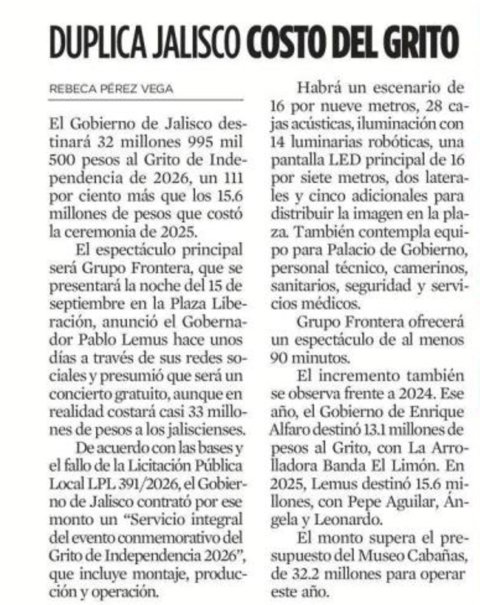 sonia_ssi's tweet photo. Este año el grito costará más del doble al @GobiernoJalisco. La nota de @rebepv https://t.co/KDrheERZJe