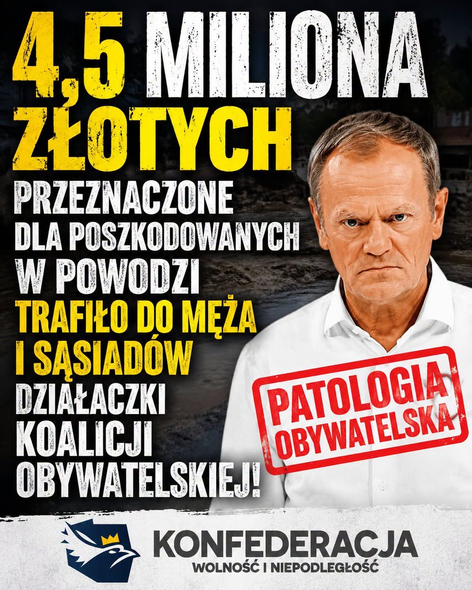 RuchNarodowy's tweet photo. PATOLOGIA OBYWATELSKA kolejny raz w natarciu! Po skandalach związanych z KPO i Szpitalem Południowym, na światło dzienne wyszła sprawa przekazania 4,5 MLN złotych z funduszy przeznaczonych dla przedsiębiorców poszkodowanych w powodzi dla…męża i sąsiadów działaczki KO.

Anna Konieczyńska, wiceprezes Karkonoskiej Agencji Rozwoju Regionalnego, która to instytucja odpowiadała za przekazywanie funduszy dla poszkodowanych powodzian, to działaczka partii Donalda Tuska. Zwykłym przypadkiem pieniądze z KARR przypadły https://t.co/AFQnMgZ9KA. firmie jej męża (200 tys. zł) oraz dwóm firmom jej sąsiadów (3,2 mln zł dla jednej i 1,1 mln zł dla drugiej).

Najlepsze jest to, że ci przedsiębiorcy nie ucierpieli w powodzi. Dobrze czytacie. To po prostu kolejny skok na publiczne pieniądze. Dane straży pożarnej i systemów satelitarnych mają nie potwierdzać, żeby nieruchomości należące do tych firm, znalazły się pod wodą.

Jakim bezczelnym człowiekiem trzeba być, żeby wyciągnąć łapska po pieniądze, które powinny trafić do ludzi naprawdę poszkodowanych?! Pamiętamy obrazki z powodzi w 2024 roku. Tysiące ludzi straciło swoje majątki, w tym firmy. Państwo zdecydowało się im pomóc, a cwaniacy z KO zdecydowali się na tym skorzystać.

Teraz czeka nas odwracanie kota ogonem, zrzucanie winy na opozycję, bagatelizowanie sprawy. Doskonale znamy te sposoby manipulacji ludźmi! Ale mamy też złą wiadomość dla Tuska i jego bandy cwaniaków: Polacy coraz mniej wierzą waszej propagandzie. Niedługo stracicie władze, a my was rozliczymy za każdy szwindel!