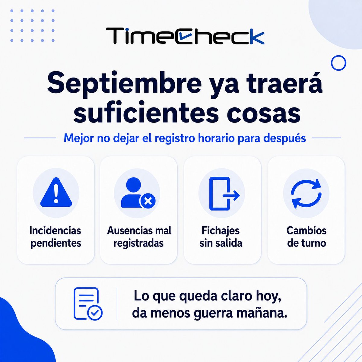 apptimecheck's tweet photo. Agosto parece tranquilo.

Hasta que llega septiembre y aparecen los clásicos:

“esto lo revisamos después”
“creo que ese día salí antes”
“eso estaba apuntado por ahí”

El registro horario no va solo de fichar.
Va de no tener que reconstruirlo todo luego.

#TimeCheck https://t.co/dCJRKUaz54