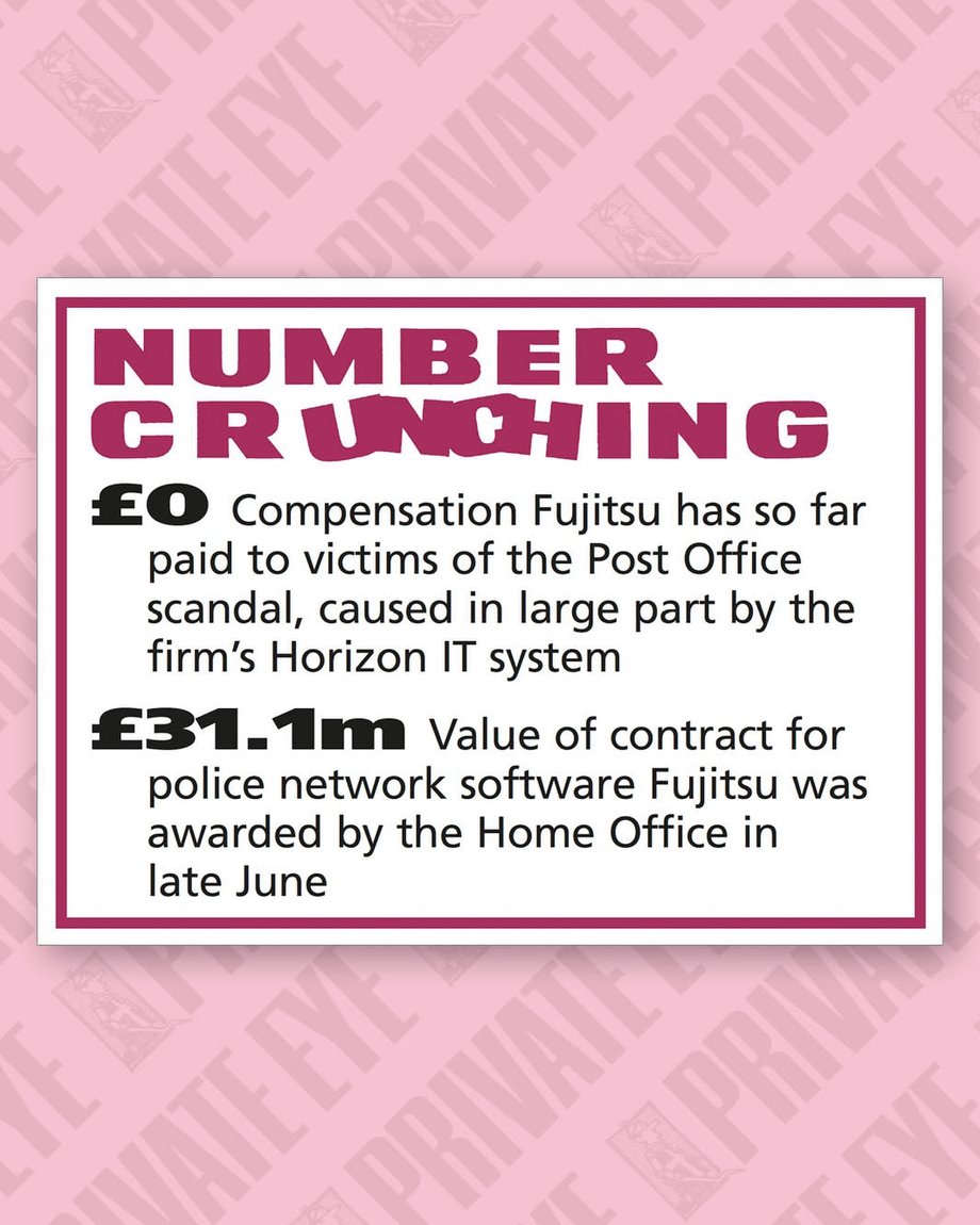 Matt_building's tweet photo. Just a reminder that the Horizon Post Office scandal is far from over. Fujitsu have paid no compensation to victims, and none of their senior managers have been sent to jail yet. #Horizon #subpostmasters Graphic courtesy of @PrivateEyeNews https://t.co/Sg7T0HYF8Z