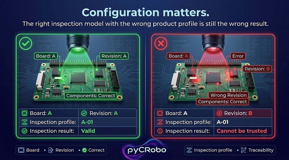 PyCRoboLtd's tweet photo. A strong inspection model can still fail if the wrong product profile is selected.

Board revisions change. Components move. BOMs change.

Every result should be tied to the correct board, revision and profile.

Small detail. Big consequence.

#Qualitycheck #Traceability #PyCRobo https://t.co/u6WnDRYoxk