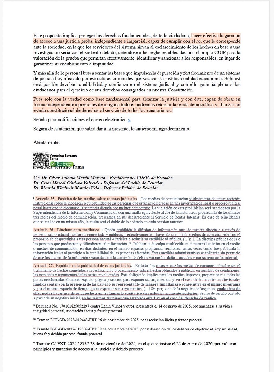 veronicasetam's tweet photo. A la opinión pública:

¿Desde cuándo una acusación de Fiscalía se convirtió en una sentencia mediática, abusando del poder y de los recursos públicos?

El 6 de agosto solicitamos que se nos conceda el mismo espacio y tiempo en cadena nacional otorgado a la otra parte procesal en el caso #MagnicidioFV. Han pasado cuatro días y seguimos sin respuesta.

Como hijas de José Ricardo Serrano Salgado y abogadas, solicitamos ese espacio para exponer hechos y actuaciones que comprometerían a funcionarios de instituciones del Estado Policía, SNAI, Fiscalía y operadores de justicia antes, durante y después del asesinato de Fernando Villavicencio, así como las denuncias que nuestro padre presentó ante la Fiscalía y el Consejo de la Judicatura, incluso antes de ser procesado, relacionadas con el caso #MagnicidioFV.

Mientras tanto, con fondos públicos se intenta instalar una narrativa que presenta a nuestro padre, José Serrano Salgado, como culpable antes de que el juez siquiera haya deliberado. ¿Esa cadena nacional busca informar a la ciudadanía o influir en la opinión pública y presionar a la justicia?

En un Estado de derecho, la Fiscalía acusa, los jueces juzgan y solo una sentencia determina la culpabilidad cuando el proceso ha sido transparente. Pero recordemos que el sistema de justicia ecuatoriano atraviesa una crisis institucional marcada por casos de corrupción, interferencias y destitución de jueces que han actuado conforme a derecho y cuyas decisiones no se han alineado con el poder de turno. Precisamente por eso, la independencia y transparencia de la justicia deben ser protegidas, no condicionadas por narrativas públicas.

La Ley Orgánica de Comunicación exige equidad en la difusión de procesos judiciales y prohíbe presentar como culpable a una persona antes de una sentencia ejecutoriada.

Buscar la verdad y exigir justicia no puede significar condenar públicamente a un inocente como nuestro padre, José Serrano, ni construir una narrativa basada en el testimonio de cuatro criminales mientras se protege a quienes pudieran tener responsabilidad. Y menos aún en vísperas de elecciones.

La justicia no puede construirse sobre una sola versión de los hechos. La información es un derecho humano y debe ser contrastada, verificada y dar espacio, en condiciones de equidad, a todas las partes procesales.

Una sola versión no puede ni debe ser difundida abusando del poder y de recursos públicos que nos pertenecen a todos los ecuatorianos.

Sin verdad no hay justicia; sin justicia no hay democracia.

@DEFENSORIAEC @CesarCordovaEc @IreneVelezF @cesar_martinm @rwmvcnj #MagnicidioFV