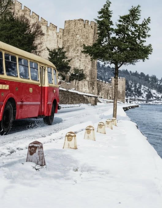 umuttgunerr's tweet photo. Karlı bir kış gününde boğaz hattında yolcu taşıyan bir İETT otobüsü. Rumelihisarı, 1950’lerin sonları. https://t.co/r9to9Jbd93