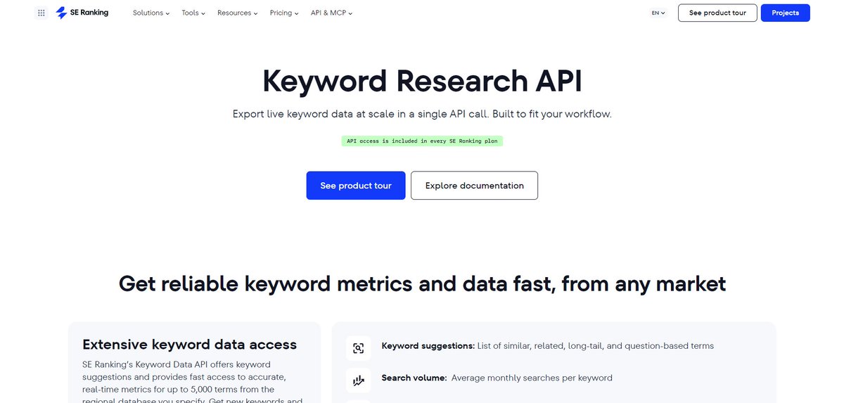 SERankingES's tweet photo. ¿Investigación de keywords a escala, sin abrir la plataforma?

La Keyword Research API te da volumen, dificultad, CPC y tendencias estacionales de hasta 5.000 términos en una sola llamada, en JSON y por país.

Incluida en todos los planes:
https://t.co/0pmYcs5PKp https://t.co/ZKyJyqRal1