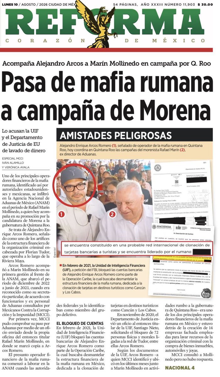 AdrianaDavilaF's tweet photo. De la mafia rumana a la campaña de Morena.

Alejandro Arcos es investigado por la UIF y EE.UU; hoy acompaña a Rafael Marín Mollinedo quien se promociona en Q. Roo. 

Y todavía se indignan cuando les dicen narco partido.

@Reforma https://t.co/7XGy9RKlco