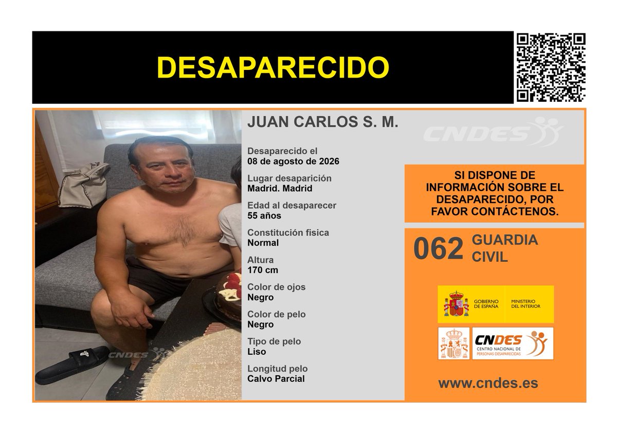 cndes_oficial's tweet photo. ⚠️𝘼𝙇𝙀𝙍𝙏𝘼⚠️
🧐Desapareció: #Madrid
🔁RT📲para ayudar a su localización
Si tienes noticias de su paradero:
📞062 @guardiacivil
📩https://t.co/IevSilQcHO
🔗Canal oficial @cndes_oficial https://t.co/kgLTugdWRc