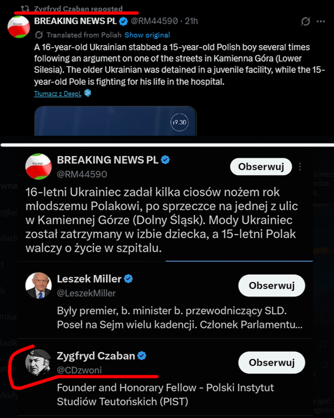 Bart_Wielinski's tweet photo. To, że opętany antyukraińską obsesją Miller puszcza fejka o Ukraińcy, który miał zaatakować nożem Polaka, jakoś nie dziwi 

Ale że takiego fejka puszcza dalej również belwederski profesor... https://t.co/KmBxUAbVhN