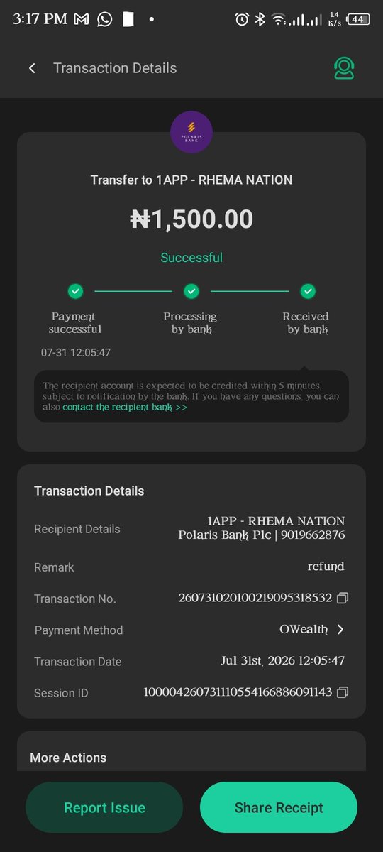 ApostleRawlings's tweet photo. @OPay_NG @opaybusiness  @OPaySupport 

My transfer with the session ID 100004260731110554166886091143 and transaction no 260731020100219095318532 has not been credited to the recipient since 31st July. 
Recipient's bank has confirmed that no funds where received. https://t.co/yIo1JKzslC