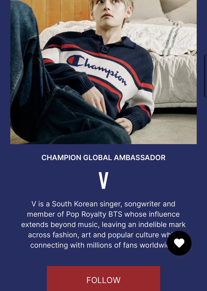 saxophonist95's tweet photo. the follow button on champion’s global website leads to taehyung’s instagram. ugh this is everything https://t.co/3jFbHvXhmV