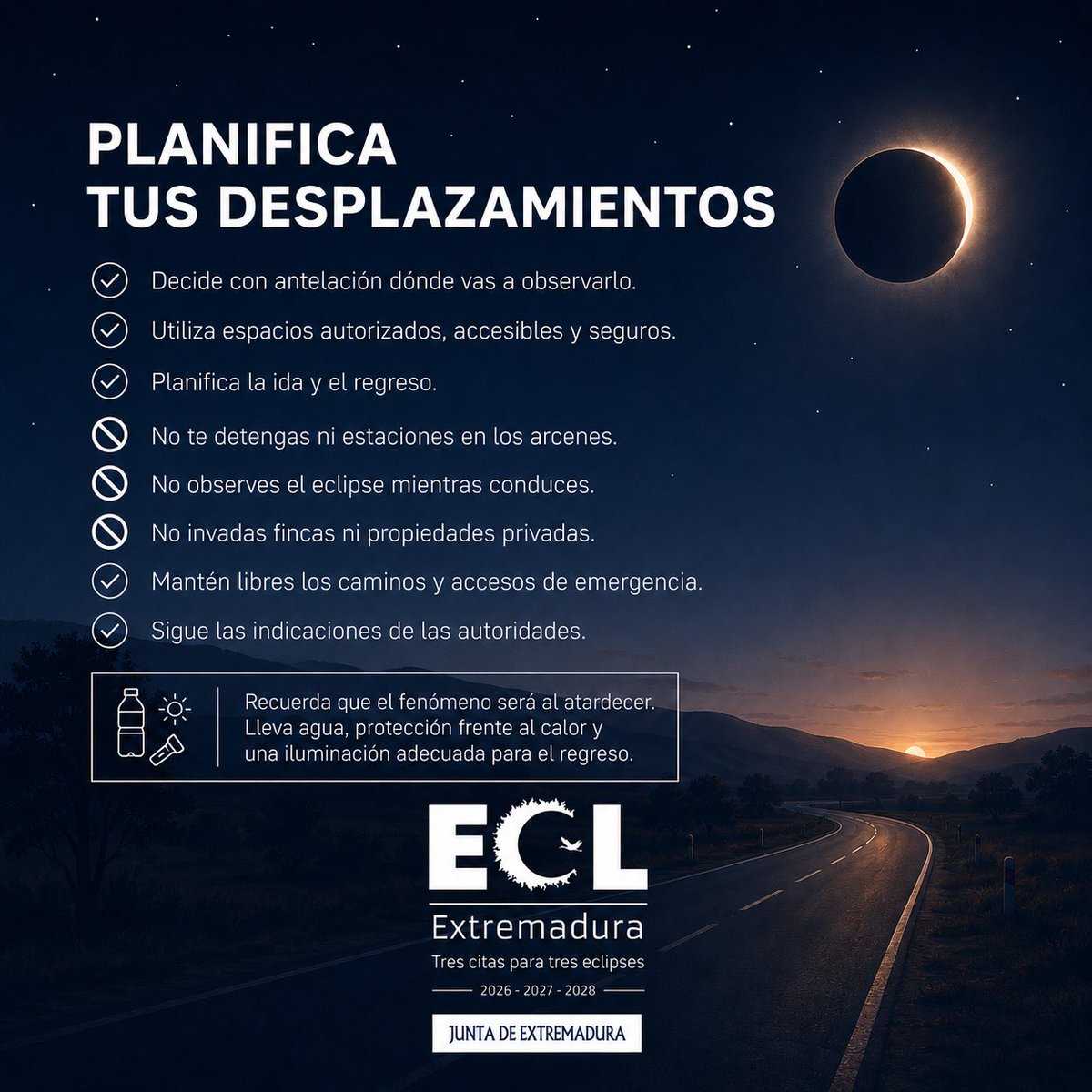 industriaEXT's tweet photo. 🚗 ¿Vas a desplazarte para observar el eclipse?
 
✅ Planifica la ida y el regreso
✅ Utiliza lugares autorizados
❌ No te detengas en arcenes
❌ No mires el eclipse mientras conduces
🚒 Deja libres los accesos de emergencia

🔗 https://t.co/fXAUddWBGS
 
#ECLExtremadura https://t.co/xv6CmKWlJM