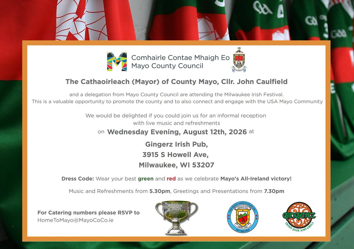 MayoDotIE's tweet photo. Join in the Mayo celebrations in Milwaukee this week!

All are welcome to meet up at Gingerz Irish Pub on Wednesday August 12th!

If you have family and friends in the Milwaukee/Chicago area please do let them know https://t.co/dCczvQnunV