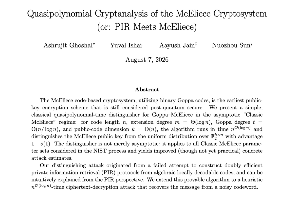 lukOlejnik's tweet photo. A major result in post-quantum cryptography. A key security assumption behind Classic McEliece, a public-key encryption system considered to resist quantum computers, has been undermined. Researchers found a provable quasipolynomial-time method for detecting the hidden mathematical structure in its public keys. The attack is still astronomically expensive and cannot yet decrypt messages, but this is a serious weakening of one of the oldest post-quantum cryptosystems.  McEliece is not broken practically today, but an important assumption underlying its theoretical security has been broken. For the Classic McEliece parameter sets, the estimated cost of the best known structural distinguisher drops from roughly 2^298-2^691 operations to about 2^114-2^124. That is huge. https://t.co/b5RMDiaCcM