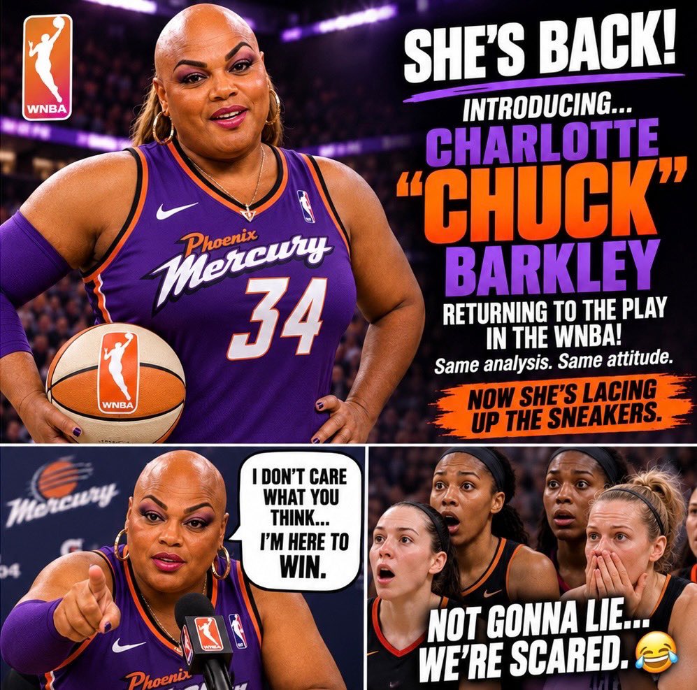 debrocrat's tweet photo. @jasonwhitlock Guess who's back?! Charlotte "Chuck" Barkley is swapping the broadcast booth for the hardwood and taking her game to the WNBA! Same bold personality, same trash talk... now with a jumper. WATCH OUT!
#ChuckBarkley #WNBA #PhoenixMercury 
@WNBA @PhoenixMercury
@NBAonTNT https://t.co/8mdCLuOVx7