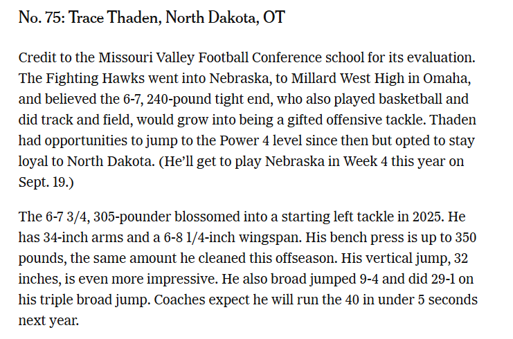 UNDFootball360's tweet photo. The Athletic just released their 2026 Freak List for all of college football - look who we found  👀
@thaden_trace 

"A Freak?  They were the players who could jump ridiculously high or far (usually both) or were able to run exceptionally fast for someone who was 325 pounds of 6-foot-7."