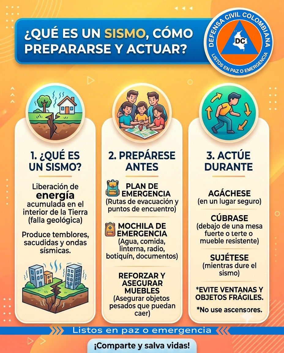 DefensaCivilCo's tweet photo. 🚨 En un sismo, saber cómo actuar salva vidas.

Los segundos cuentan. Por eso, es importante estar preparados y conocer qué hacer antes y durante un sismo.
💡Comparte esta Infromación
#ListosEnPazOEmergencia🧡 https://t.co/VPoEPGxzZM