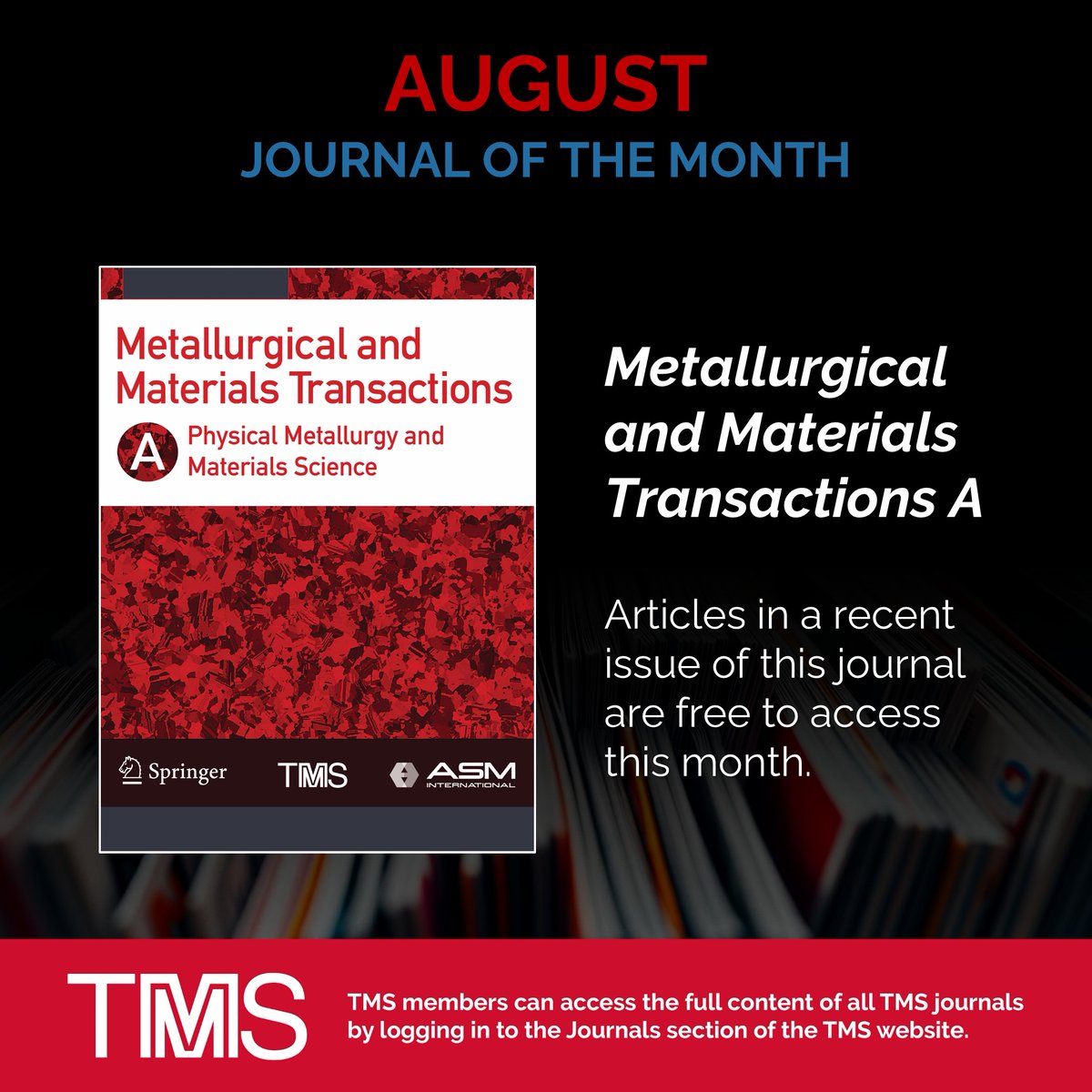 TMSSociety's tweet photo. Read the August issue of Metallurgical and Materials Transactions A: The Magazine. Available to all at https://t.co/aJ1JmJqm4d https://t.co/VSt3vtvaKx