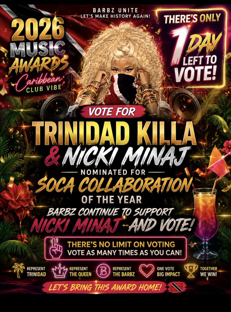 PrettyHustlerzz's tweet photo. #Barbz Letโs Keep Pushing ๐
Please Place Your Votes We Have 1 Day Left With Unlimited Voting !
๐ฅ๐ณ๏ธ๐#CaribbeanMusicAwards
๐โข https://t.co/fEDD3KwlY3
Vote For Tridad Killa Ft
@NICKIMINAJ !
#EskimoRemix #Barbz https://t.co/kWWXjOWP98
