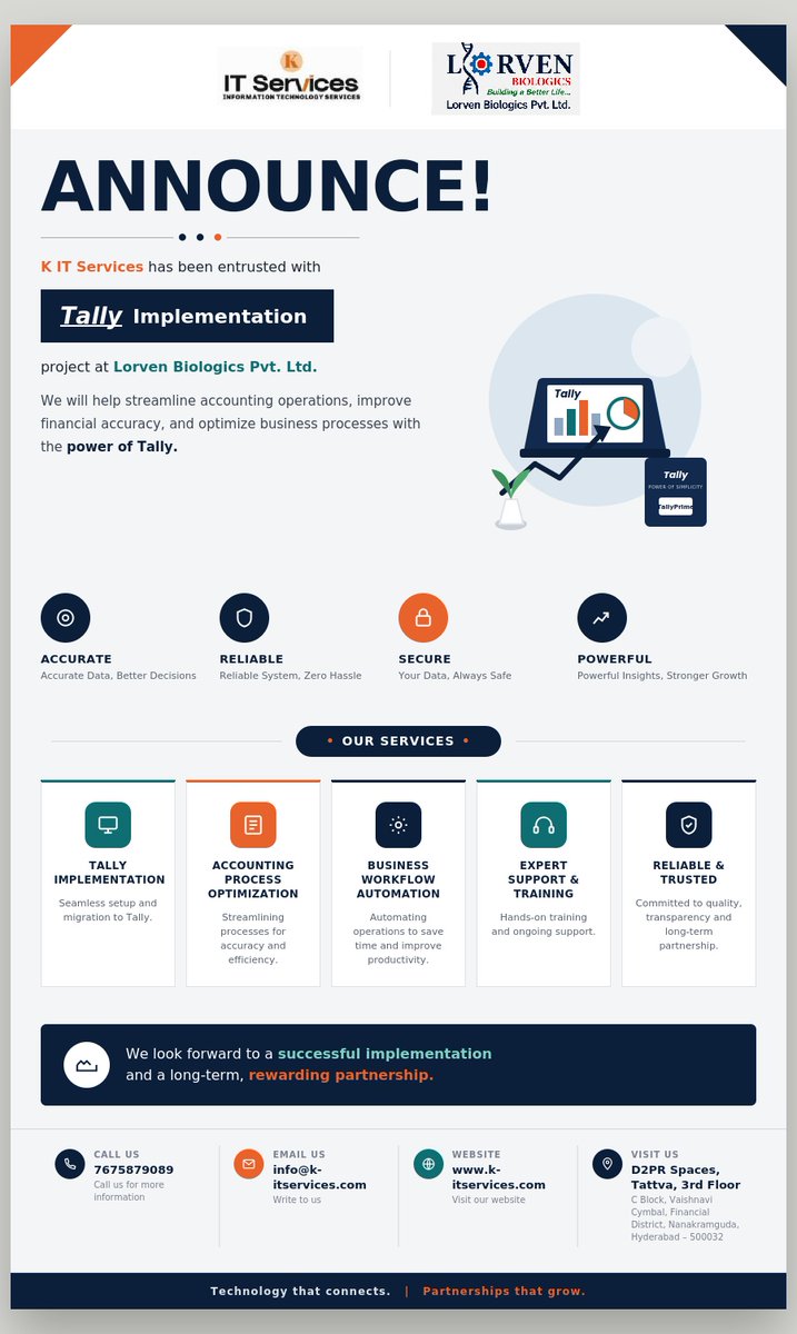 KITSERVICESS's tweet photo. Announcement: We're powering Lorven Biologics Pvt. Ltd. with Tally Implementation!

✅ Accurate ✅ Reliable ✅ Secure ✅ Powerful

Looking forward to a successful, long-term partnership. 

#TallyPrime #BusinessAutomation #ITServices https://t.co/NXzoWhcV2P