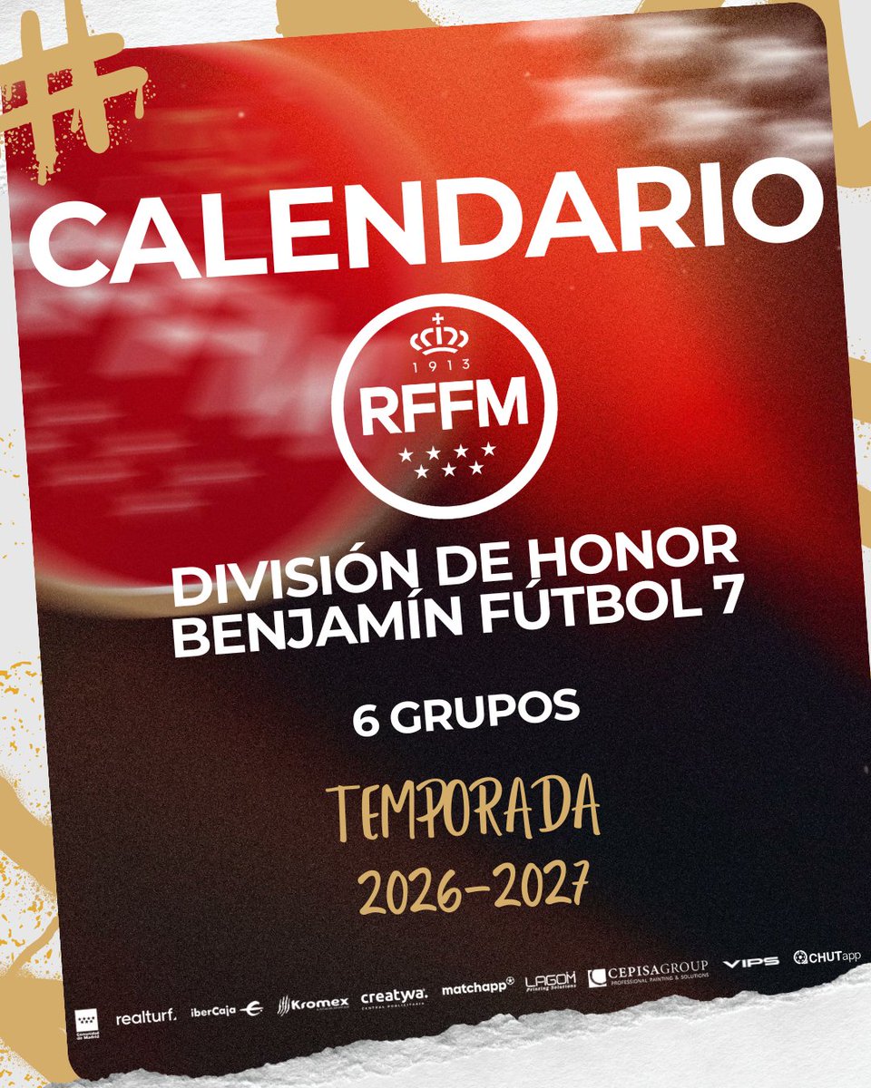 RFFM_oficial's tweet photo. 📆 Publicados los calendarios y sedes de los 6⃣ grupos de competición de DIVISIÓN DE HONOR BENJAMÍN FÚTBOL 7⃣ para la temporada 2026-2027.

📅 INICIO 1ª FASE
Jornada 1⃣: 3 de octubre de 2026

📅 FINAL 1ª FASE
Jornada 1⃣3⃣: 6 de febrero de 2027

🔗 https://t.co/EOmsak9O0U https://t.co/CpIoLvNr3K