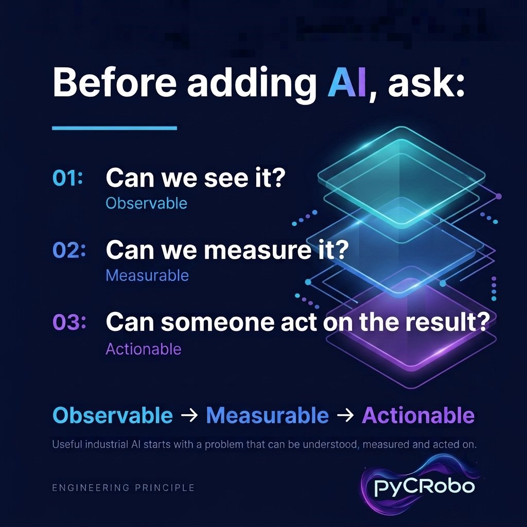 PyCRoboLtd's tweet photo. Good industrial AI starts before the model.

Understand the process. Define the problem. Know how the result will be used.

Technology should support the manufacturing decision, not complicate it.

#IndustrialAI #Engineering #PyCRobo https://t.co/2iKiyoVCUU
