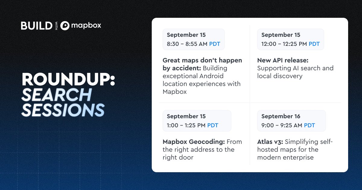 Mapbox's tweet photo. Search and geocoding power everything from maps and navigation to AI applications and AR experiences. They are the foundation behind the apps people use every day to explore the world.

Whether you're building local discovery, logistics, mobility, or AI-powered applications, you'll come away with practical ideas and techniques to put into production.

Register and bookmark your favorite search sessions in the Zoom Lobby: https://t.co/tXdM1hd2hX

#BuiltWithMapbox #Geocoding #LocationAI