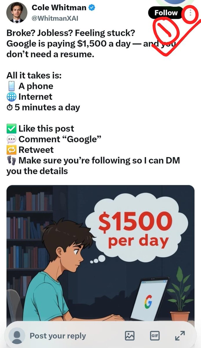 James361897441's tweet photo. @WhitmanXAI This person is scammer as yesterday he was shared same post from other account report these sammers &amp; fraudulent person's.
Here is the method of Report this persons.

Step 1
Click the 3 dots which is mention in the post where the follow button showing
Step 2.
Select Report Post. https://t.co/ahCsHdGoXN