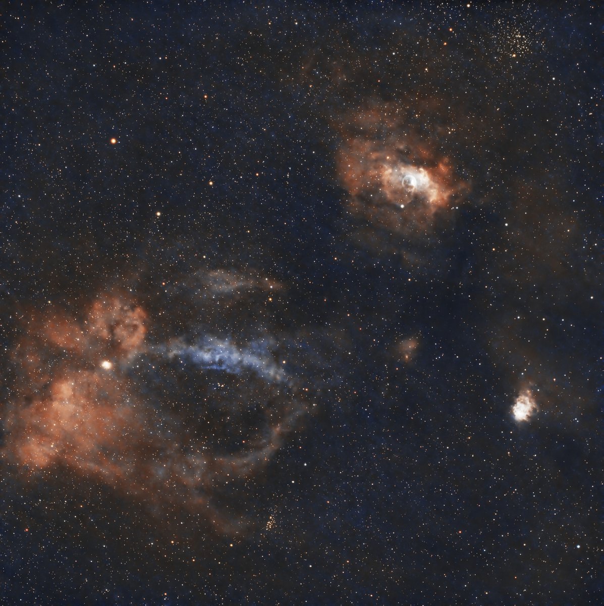 BigKahunaRon's tweet photo. The Bubble Nebula (NGC7635) and Lobster Claw Nebula (SH2-157) in Cassiopeia. The Bubble was caused by a star losing it's outer layer and the Lobster Claw is an emission nebula. Both are fun targets to shoot with the wide field AT60ED telescope. https://t.co/k1qPsm6kxy