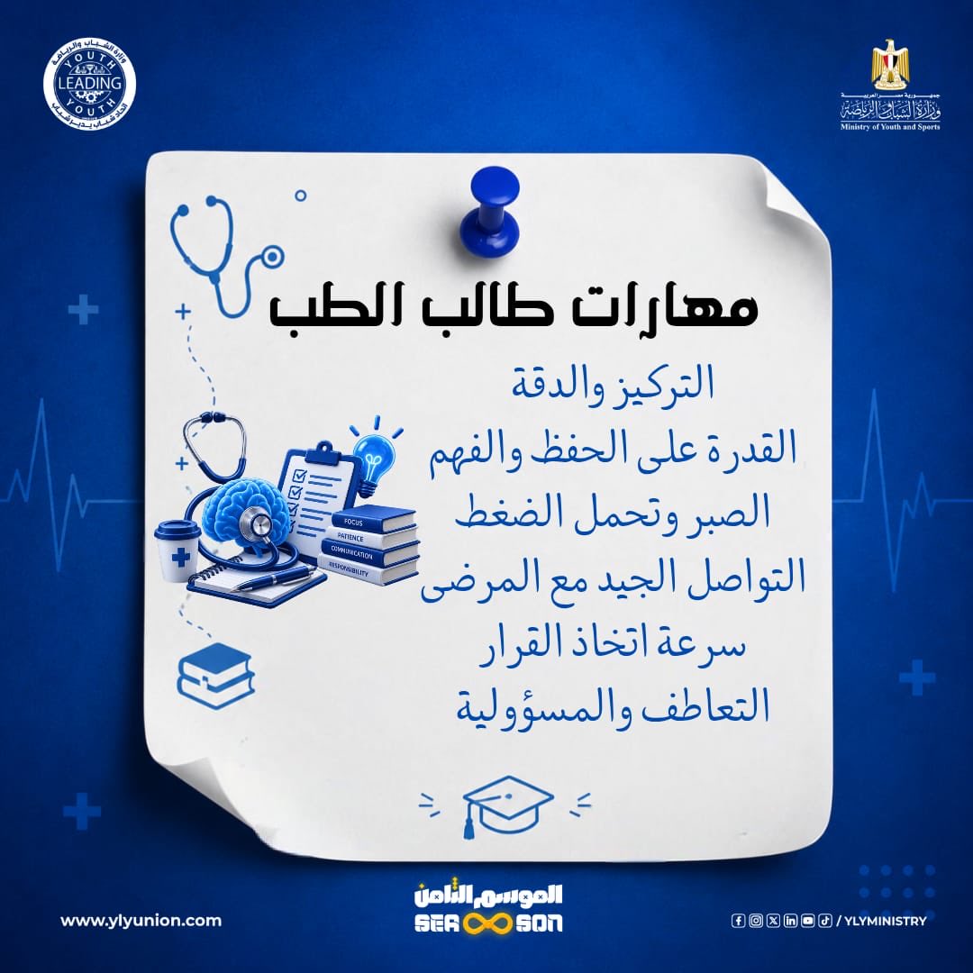YLYMinistry's tweet photo. معادنا مع كلية الطب 🩺

الطب مش مجرد مهنة، دي مسؤولية وحياة بتتغير على إيدك.

شاركنا رأيك في الكومنتات، نفسك تختار تخصص اية؟ 👀

#وزارة_الشباب_والرياضة
#اتحاد_شباب_يدير_شباب_YLY https://t.co/J14L8Wu2OJ