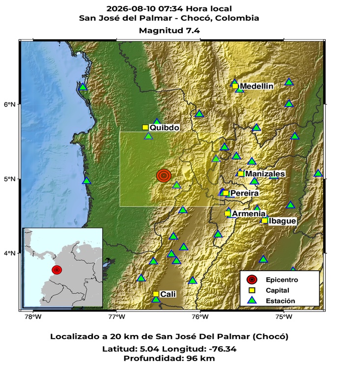 IGecuador's tweet photo. #SISMO Informe Sísmico Especial N° 2026-003
SISMO EN SAN JOSE DEL PALMAR, CHOCO - COLOMBIA
El día lunes 10 de agosto de 2026 a las 07h34 TL, las agencias sismológicas continentales registraron un sismo de magnitud 7.4 M...Revisarlo en: https://t.co/1M74kPgVNy https://t.co/qhsMtYauxU