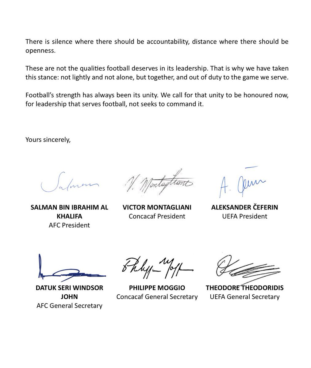 jenarovillamil's tweet photo. Tres confederaciones internacionales: la UEFA, la CONCACAF y la AFC publican una extensa carta para cuestionar la permanencia de Gianni Infantino al frente de la FIFA. Subrayan la falta de transparencia en su intento de privatizar a fondos de inversión una parte del espectáculo del futbol.